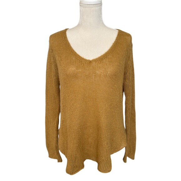 Wooden Ships V-Neck Mohair Wool Sweater Women's X/S Mustard Open Weave Cottage - Picture 1 of 13